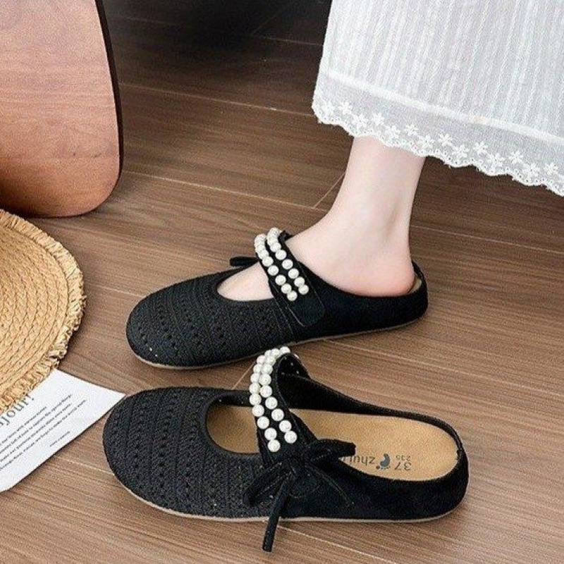 Baotou half-slipper women's summer outerwear 2025 new style pearl one-foot muller shoes flat cold slippers women's lazy shoes details Picture