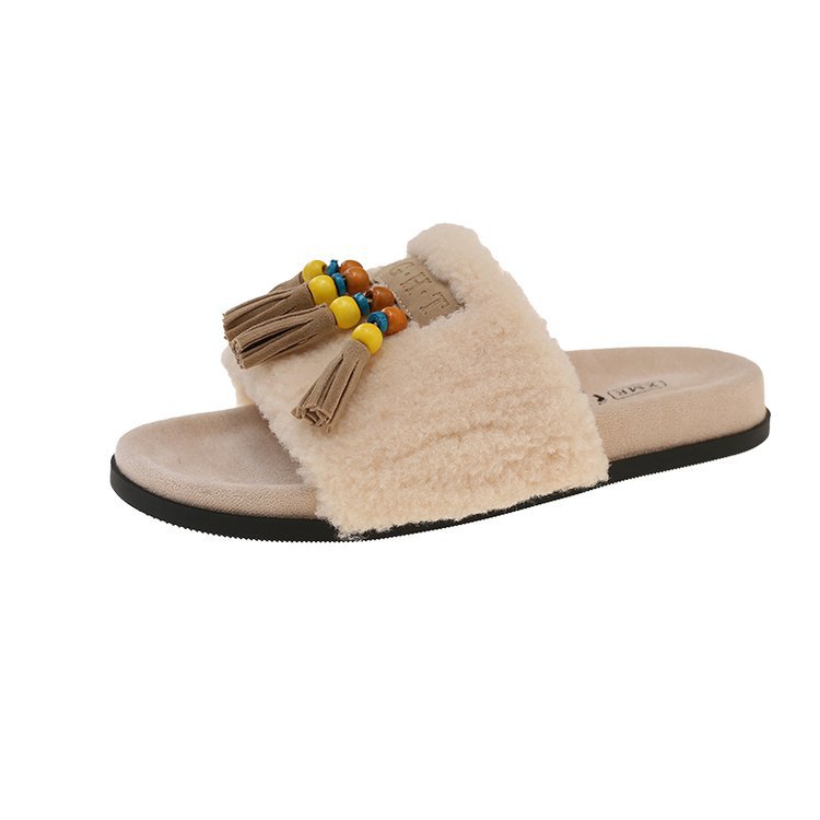 Thick-soled ethnic style Suzhou-style beaded fur slippers for women, new autumn 2025 outdoor casual and lazy one-shoulder slippers Item Picture