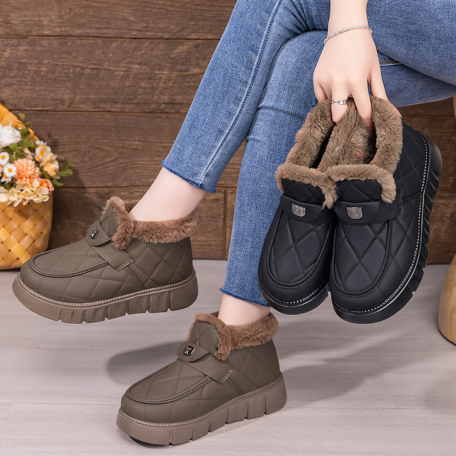 temu's new winter snow boots with added fleece and thickening are best-selling thick-soled short-top one-foot cotton shoes for warm women Specification drawing