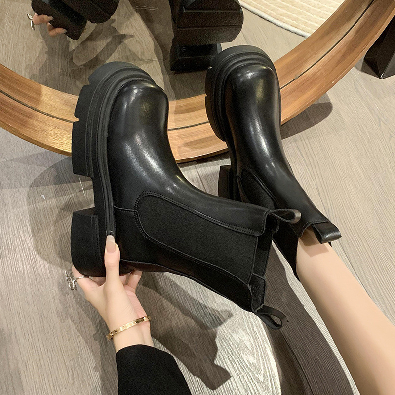 Chelsea Martin Boots Women's Spring and Autumn Single Boots 2025 New style Big Head thick-soled cigarette tube mid-calf boots Cigarette brown short boots details Picture