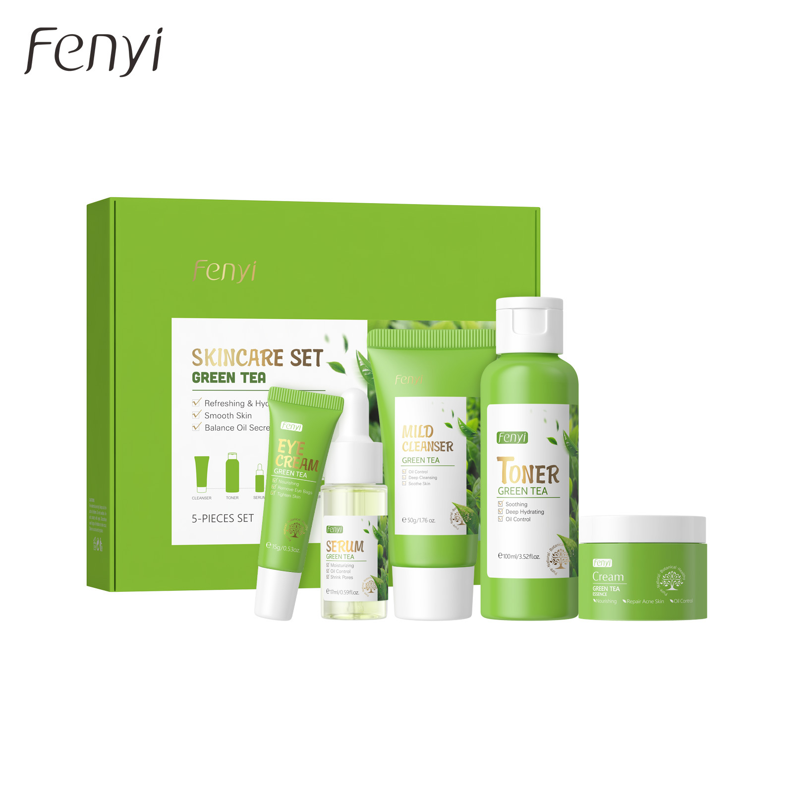 Cross-border skin care product set: 5 pieces of green tea, 50g of shampoo + 100ml of water + 25g of face cream + 15g of eye cream + 17ml of essence Item Picture