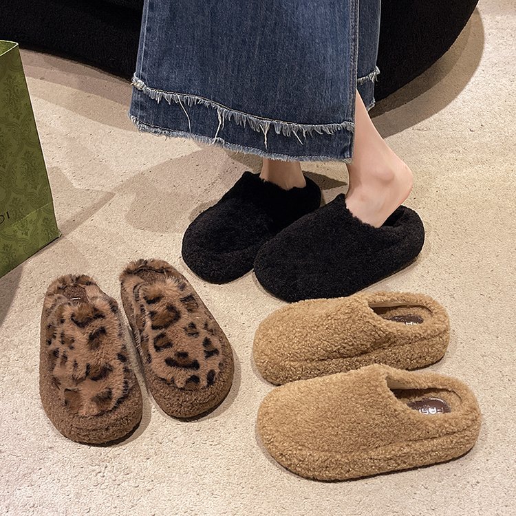 Leopard print fur slippers Women's winter thick-soled women's shoes 2025 new style, one foot, 4cm height-increasing toe cover, half slippers details Picture
