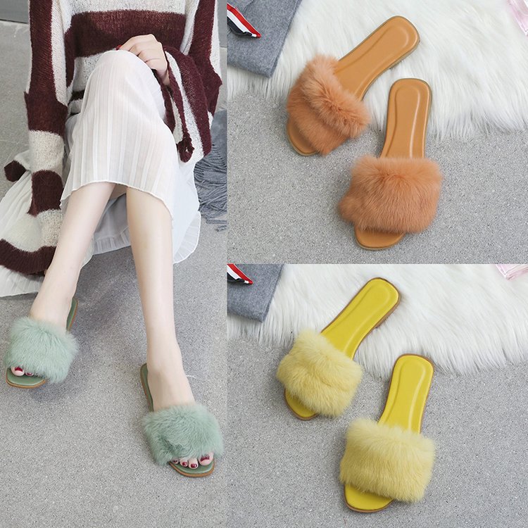 Rabbit fur flip-flops for women's outerwear, 2025 summer new Korean style fashionable fur flip-flops, casual and popular flat women's shoes wholesale details Picture
