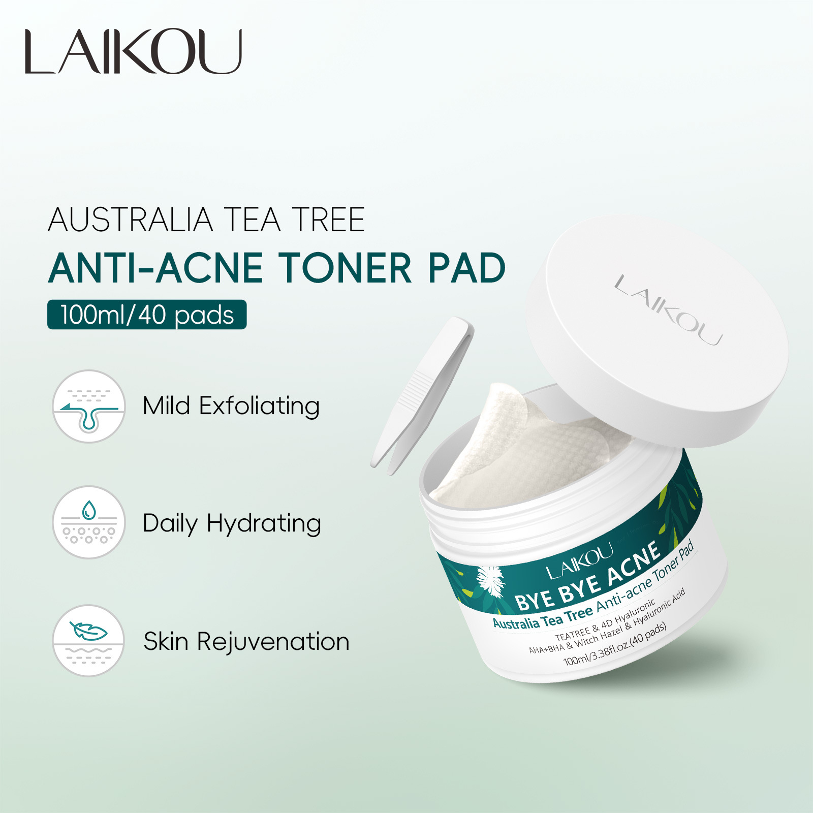 Cross-border new product LAIKOU Australian Tea Tree Acne Removal Wet Compress Cotton Tablets 100ml/3.38floz.40 tablets for export full figure