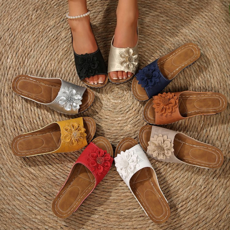 New large-sized 2025 summer women's sandals, open-toe sandals for women, Korean-style flip-toe flower stitching casual beach slippers details Picture