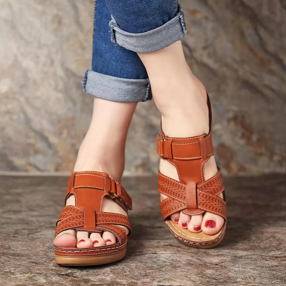 Amazon's oversized summer casual retro wedge heel thick-soled sewn leather one-line women's flip-flops Specification drawing