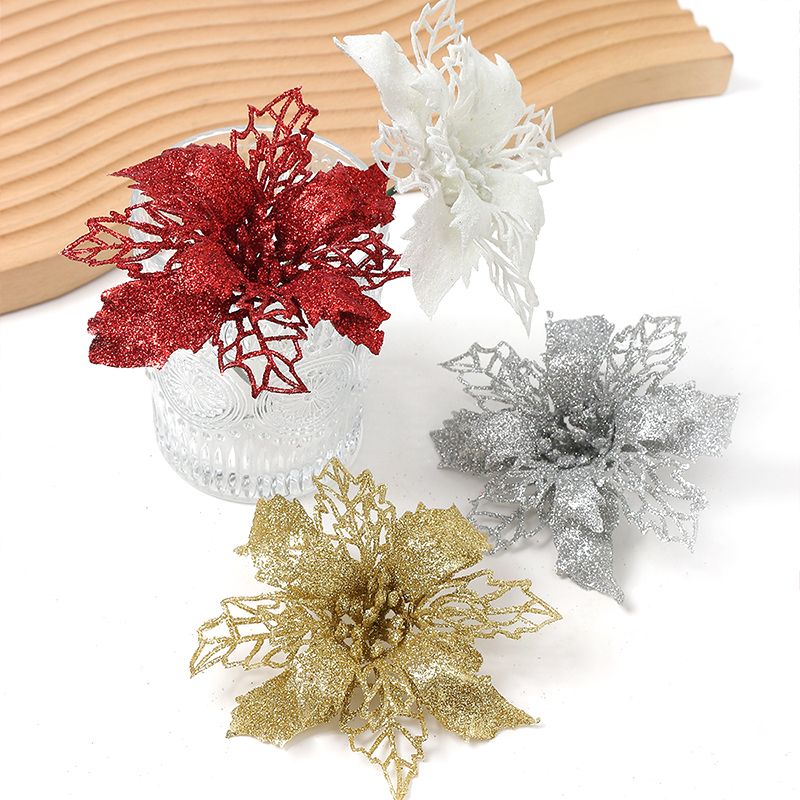 Artificial gold powder Christmas flowers, hollowed-out artificial flowers, Christmas wreath accessories, Christmas tree decorations, Christmas pendants Item Picture