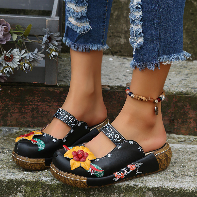 2025 Summer new cross-border export flip-flops, Mules, ethnic style, flower handcrafted thick-soled retro women's sandals Specification drawing