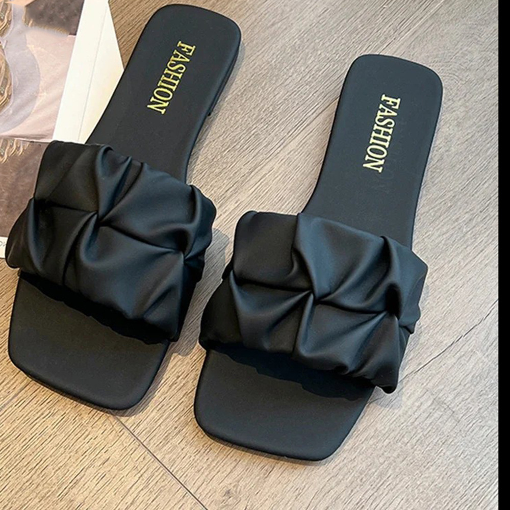 Cross-border 2025 New style pleated slippers for women's summer outerwear, flat and versatile, foreign trade beach cool slippers, women's one-shoulder slippers Specification drawing