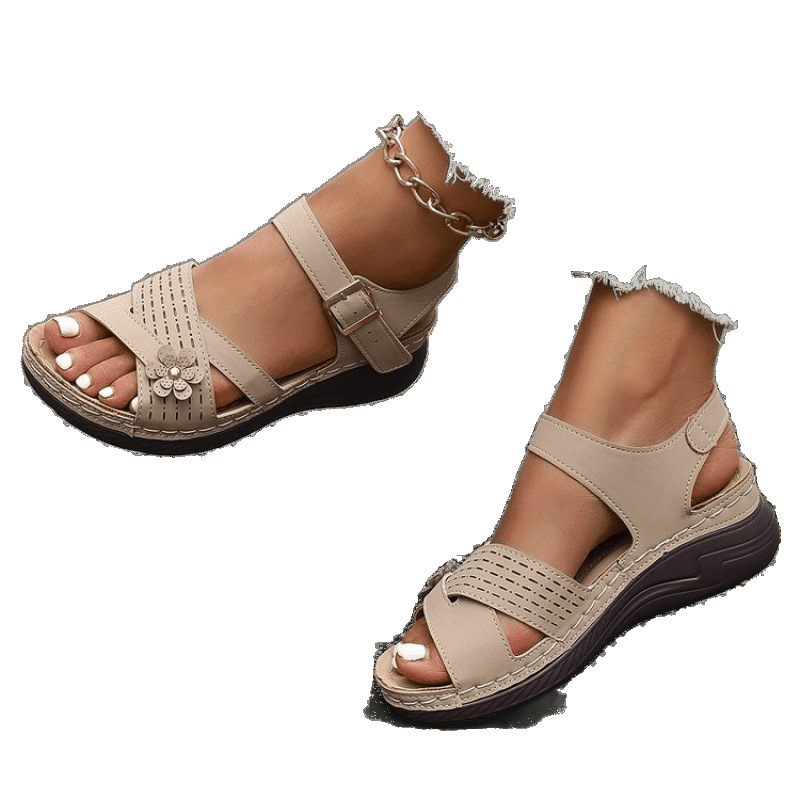 Cross-border trade large-sized flat casual sandals for women 25 new style wedge heel flower solid color lightweight fish-mouth Roman sandals Item Picture
