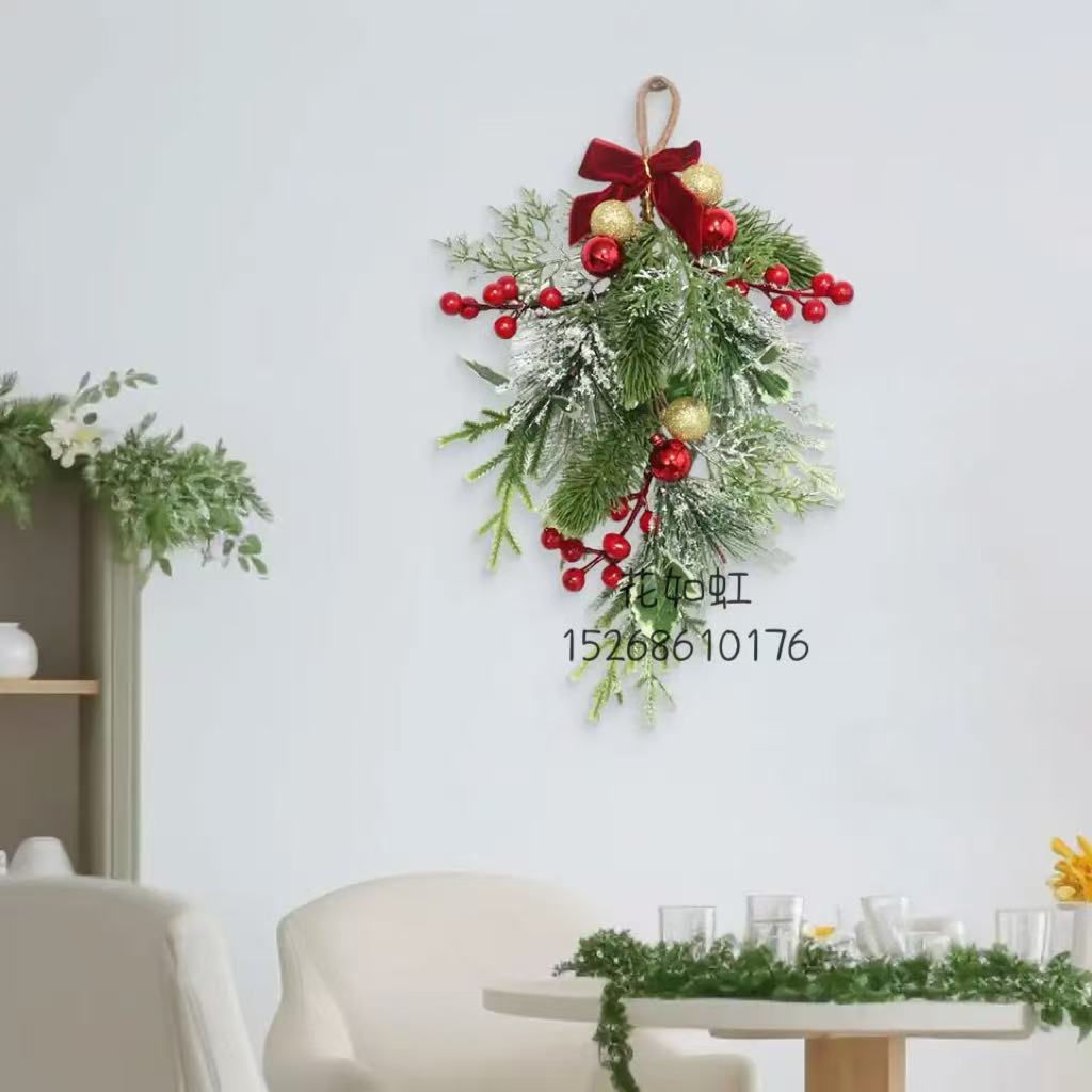 圣诞壁挂藤条水滴倒挂蝴蝶结丝带圣诞节橱窗壁炉楼梯扶手装饰品