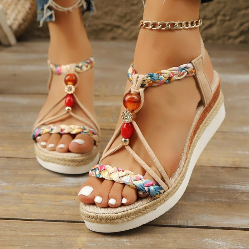New cross-border large-sized ethnic style water diamond beaded wedge heel fashionable high heels, thick-soled women's hemp rope woven sandals full figure
