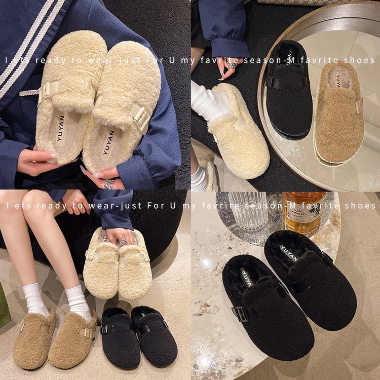 Thick-soled versatile Birken slippers for women's Baotou 2025 autumn/winter new style felt fleece one-step wool mules Specification drawing