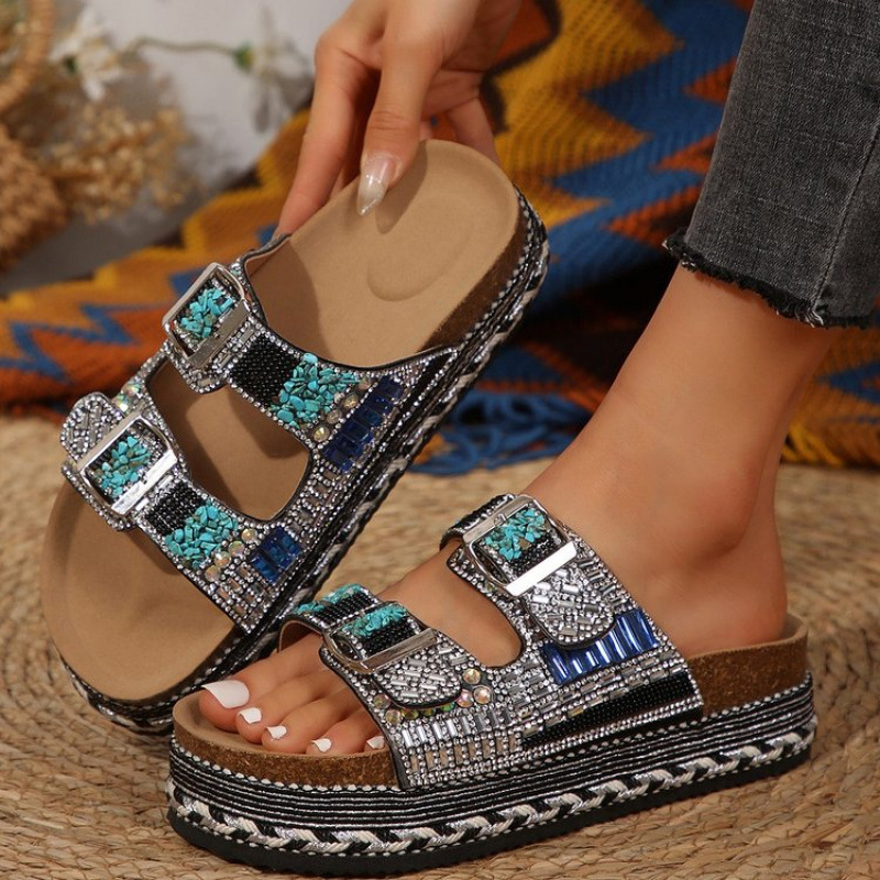 Wholesale of large-sized women's cross-border trade thick-soled round-toe rope double-buckle water diamond cork beach slippers in 2025 Specification drawing