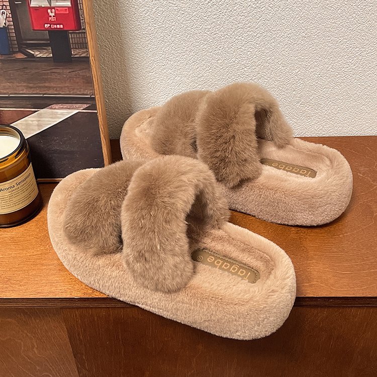 Genuine woolen shoes for women's outerwear, autumn and winter fairy style super popular online celebrity slippers, flat bottom with fleece, Korean-style one-shoulder cotton slippers Specification drawing