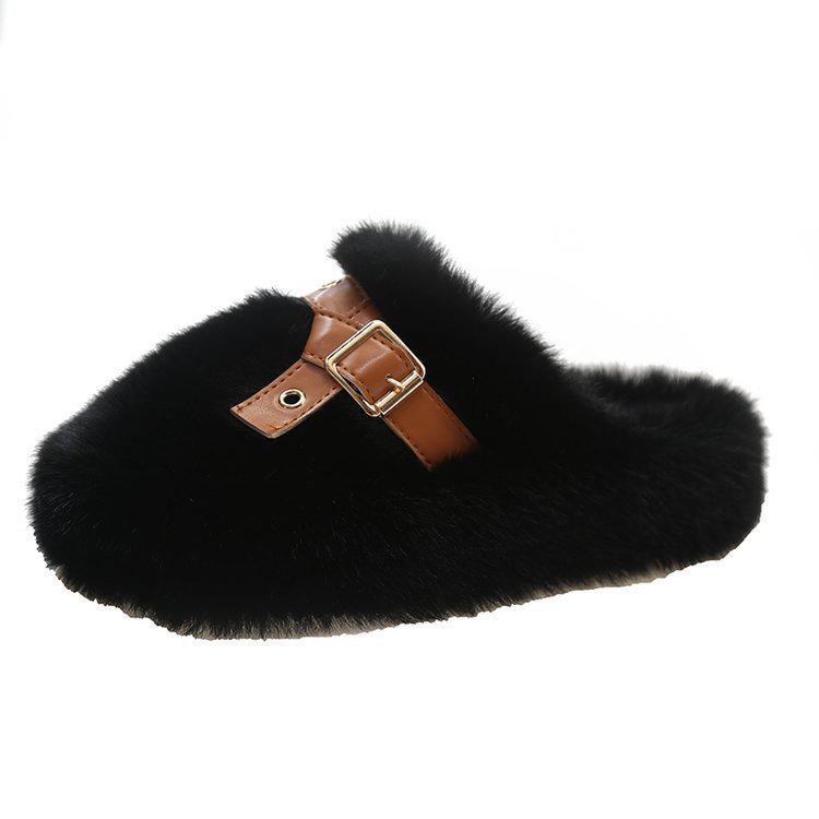 Belt buckle thick-soled woolen slippers for women 2025 autumn/Winter new Korean style, large-sized woolen slippers for women to wear outside in Baotou, trendy Item Picture