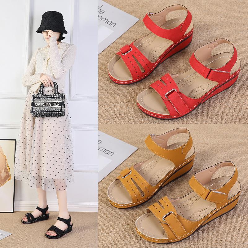 The 2023 new cross-border export women's Amazon wedge heel Velcro thick-soled large-sized one-strap sandals are in stock Application Scenario