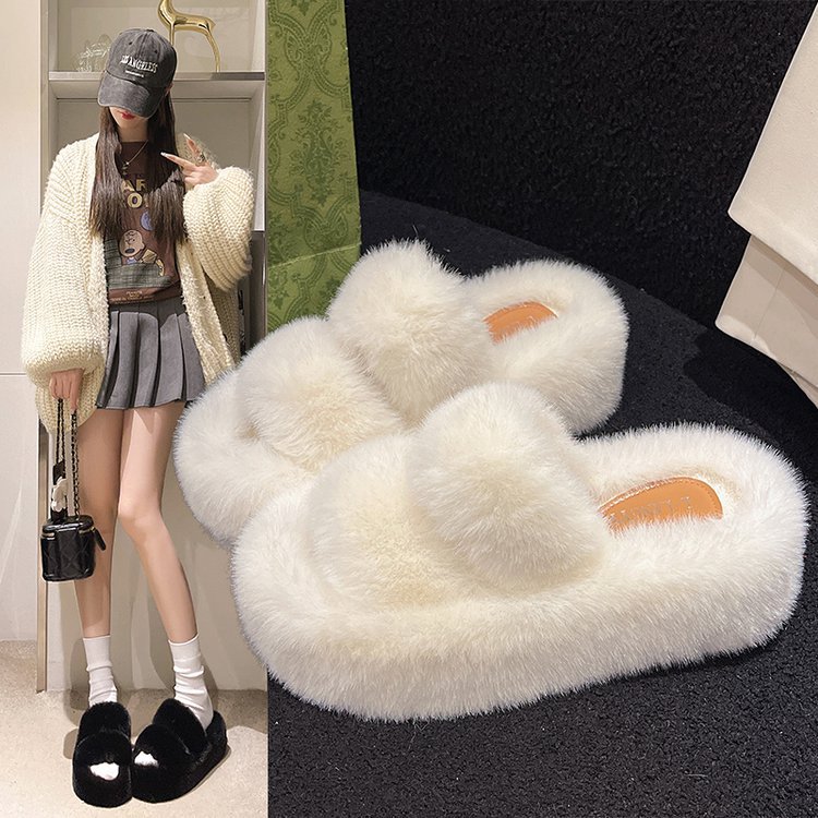 Plus-size design sense, petite thick-soled woolen slippers for women, 2025 autumn/winter fairy style, plush cotton slippers, height-increasing cotton slippers full figure