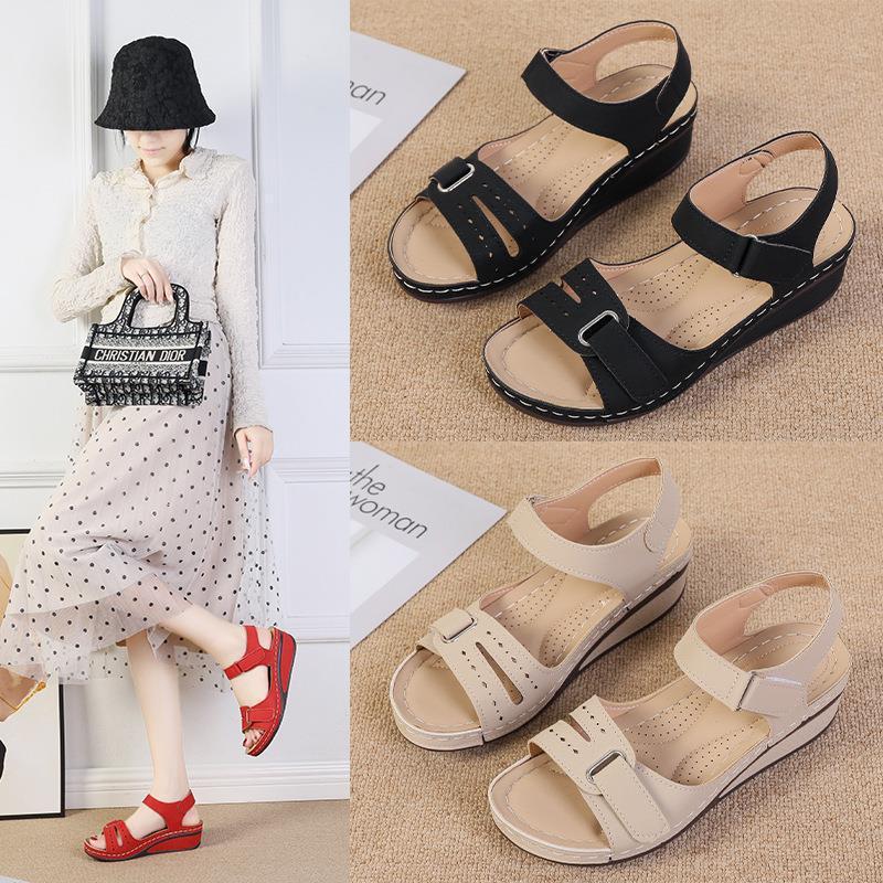 The 2023 new cross-border export women's Amazon wedge heel Velcro thick-soled large-sized one-strap sandals are in stock details Picture
