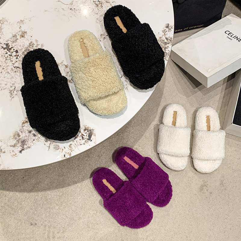 Solid-color simple woolen slippers for women's outerwear 2025 autumn/winter new coral fleece home warmth one-line woolen slippers full figure