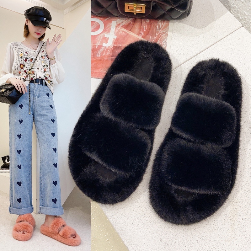 Fluffy slippers for women, candy color, new autumn and winter home wear, double straight open-toe slippers, fluffy cotton slippers for women Specification drawing