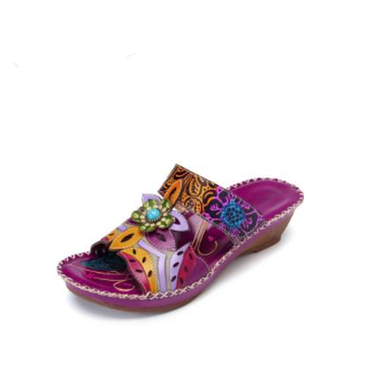 New ethnic style flip-flops for women in cross-border foreign trade, summer color-blocked wedge heel totem 43 large size flip-flops for women details Picture