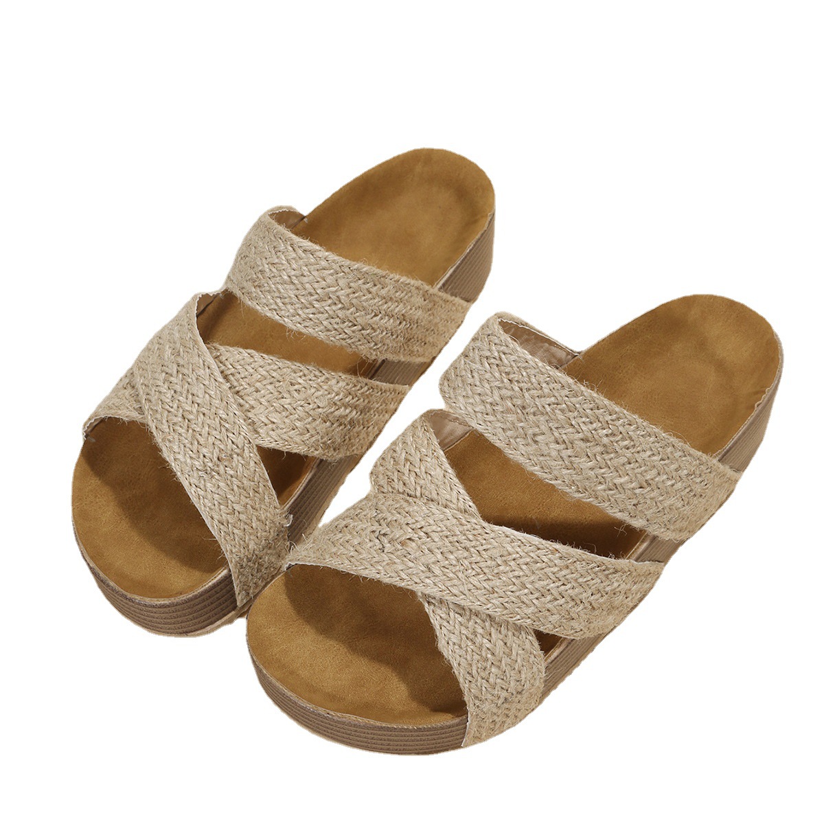 Cross-border large-sized casual flip-flops for women 2023 European and American new flat thick-soled one-line cross-woven beach sandals for women Item Picture
