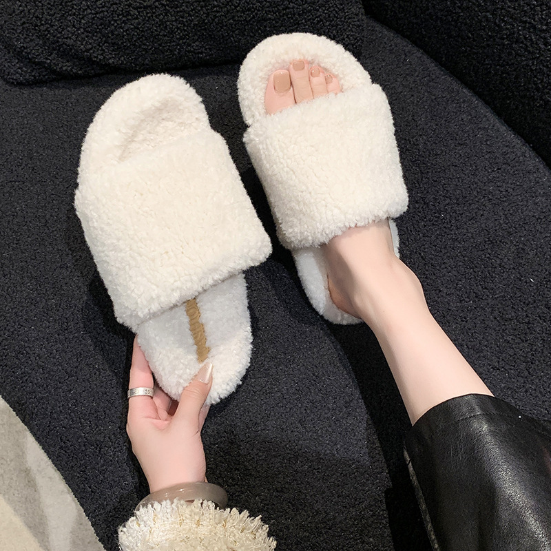 Solid-color simple woolen slippers for women's outerwear 2025 autumn/winter new coral fleece home warmth one-line woolen slippers details Picture