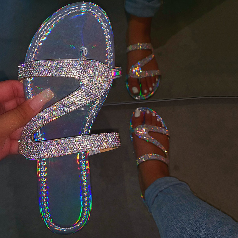 New Z-shaped summer flat casual European and American open-toe Roman women's slippers wish for large-sized water diamond sandals for foreign trade details Picture