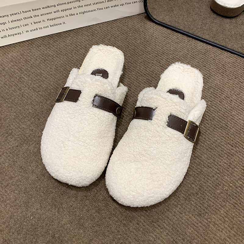Baotou woolen slippers for women's outerwear, 2025 autumn and winter new style, one-step lazy shoes, home cashmere woolen slippers details Picture