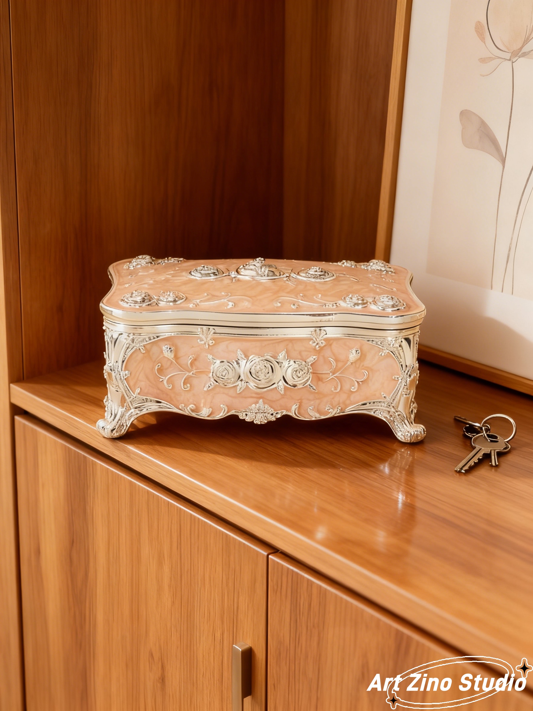 1pc European retro zinc alloy jewelry box! Three-dimensional rose relief enhances the texture. Choose from four colors: silver white, gold white, silver light blue, and silver light pink! A rectangular prism with soft edges and delicate supports Specification image