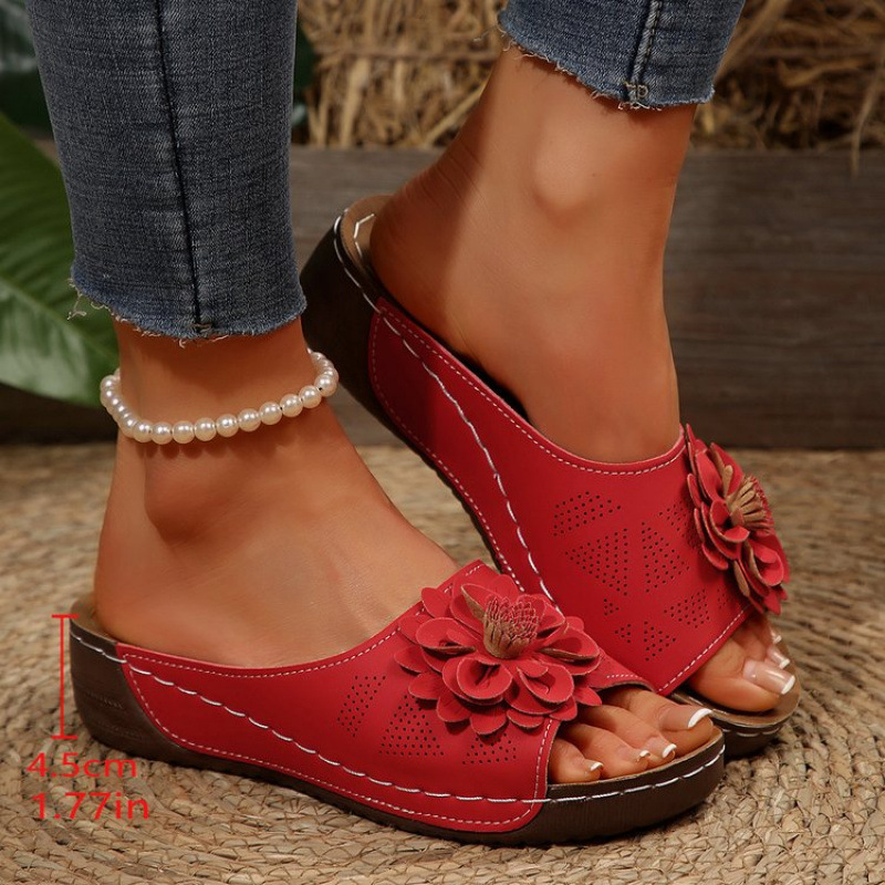 New large-sized 2025 summer women's sandals, open-toe sandals for women, Korean-style flip-toe flower stitching casual beach slippers Specification drawing