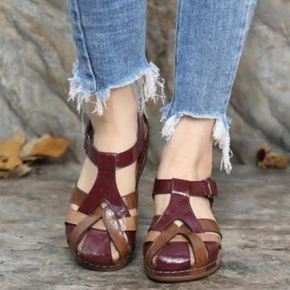 2022 Summer new style of European and American retro round-toe wedge heel women's Roman sandals with cross-buckle details Picture