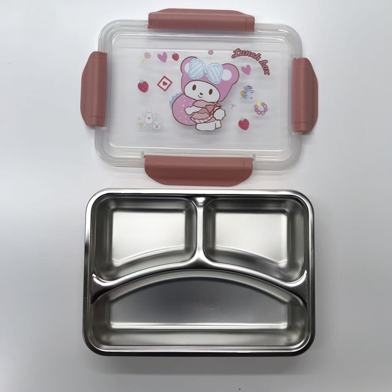 三格 304 不锈钢饭盒 粉紫卡通密封便当盒 少女心学生便携餐盒详情3