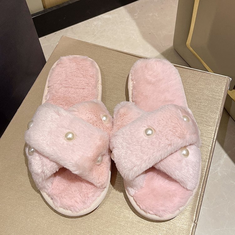 European and American Home Furnishing 2025 New flat pearl crossed wool slippers for women, one-piece foreign trade candy-colored cotton slippers for women Specification drawing