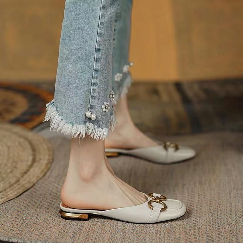 French retro flip-flops for women's summer outerwear, flat and half-heeled 2024 new square-toed lazy Muller shoes for women Specification drawing