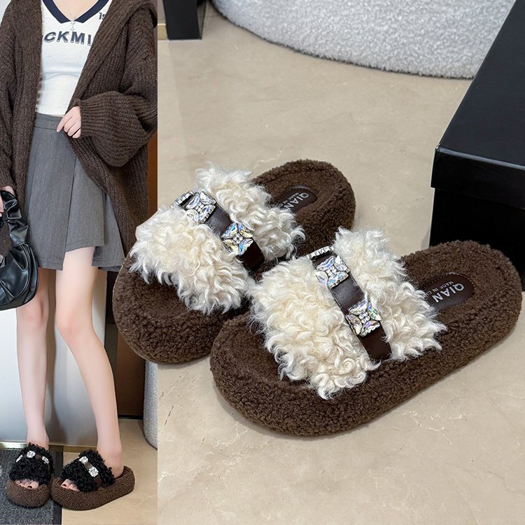 Curly thick-soled woolen slippers for women 2025 autumn/winter new style outdoor Korean-style soft soled one-shoulder cotton slippers full figure