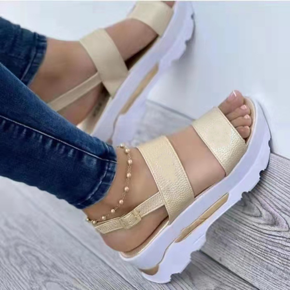 2022 Summer new large-sized foreign trade women's shoes: wide one-line with a sweet style, thick-soled wedge heel sandals for women Application Scenario