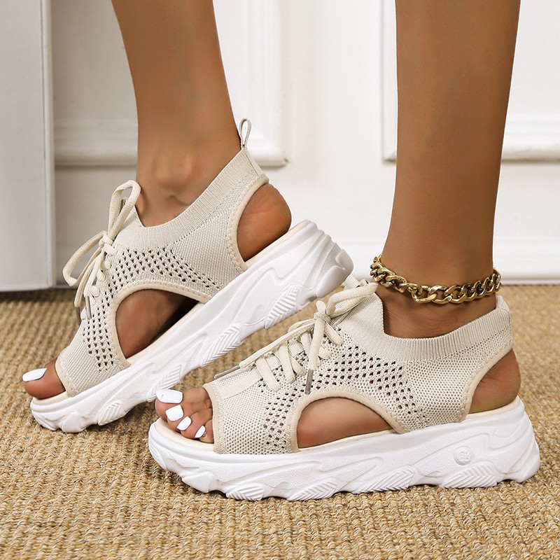 Amazon's new large-sized fly-knit thick-soled sandals for women, a fashionable European and American style fish-mouth wedge heel mesh casual sports sandals Specification drawing