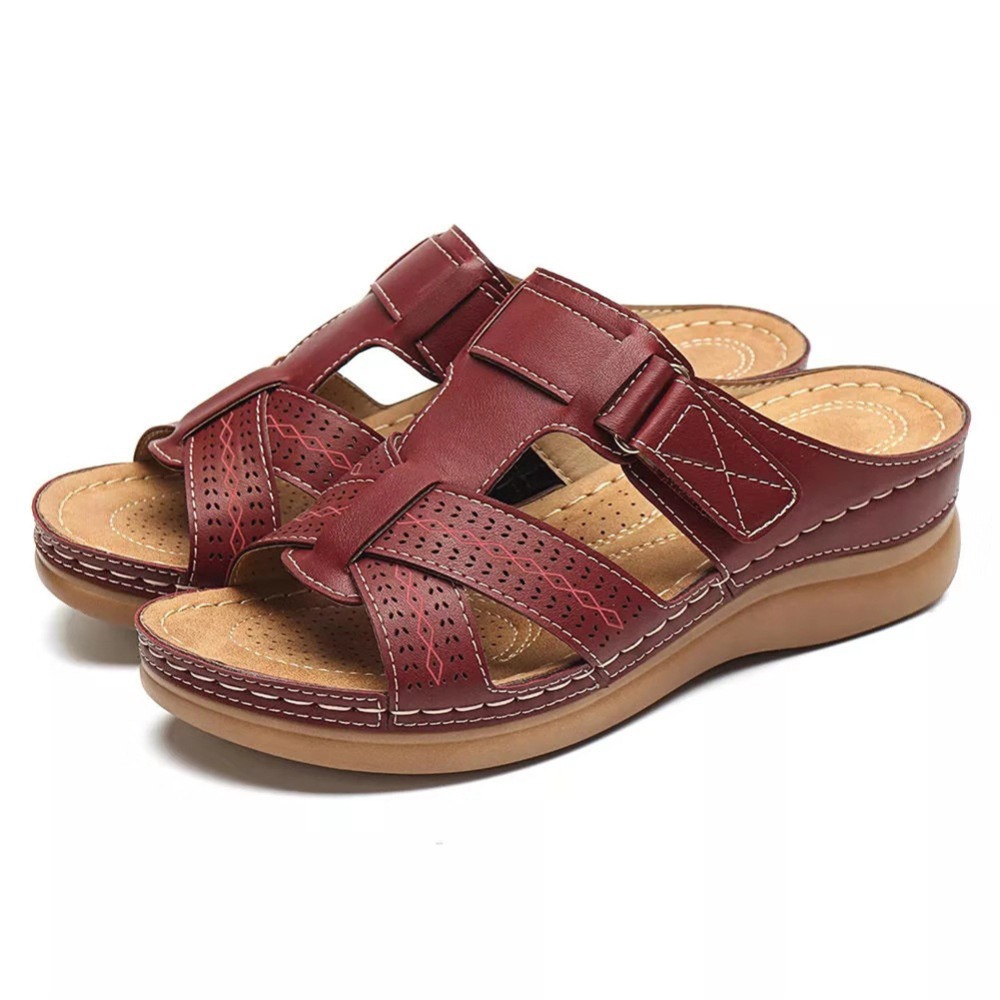 Amazon's oversized summer casual retro wedge heel thick-soled sewn leather one-line women's flip-flops Item Picture
