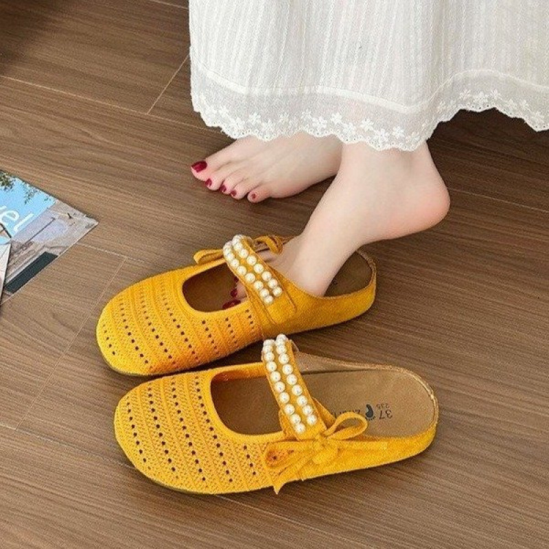 Baotou half-slipper women's summer outerwear 2025 new style pearl one-foot muller shoes flat cold slippers women's lazy shoes full figure