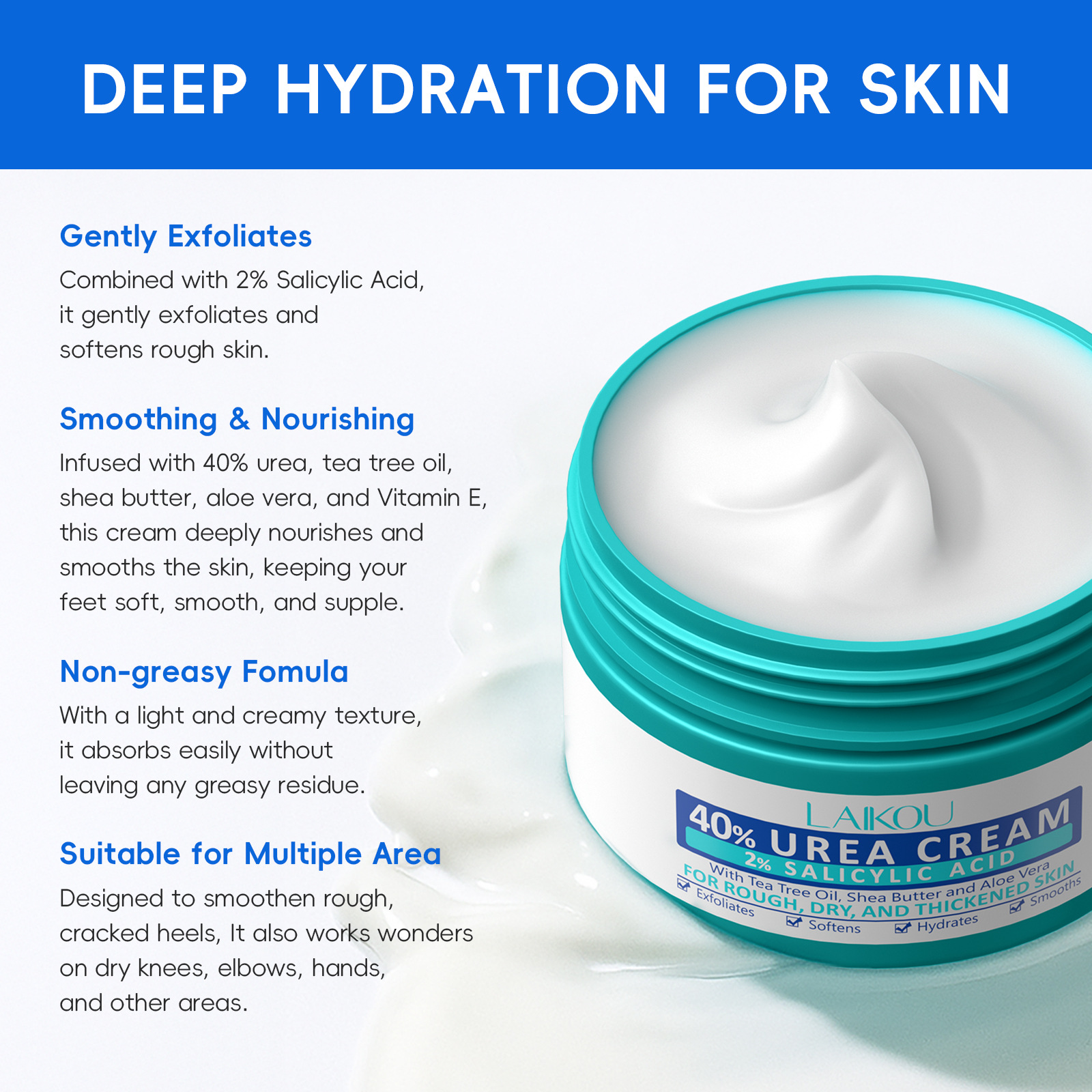 Cross-border new product LAIKOU Urine Cream 100g hydrating and moisturizing FDA skin care product in stock for export, all in English Application Scenario