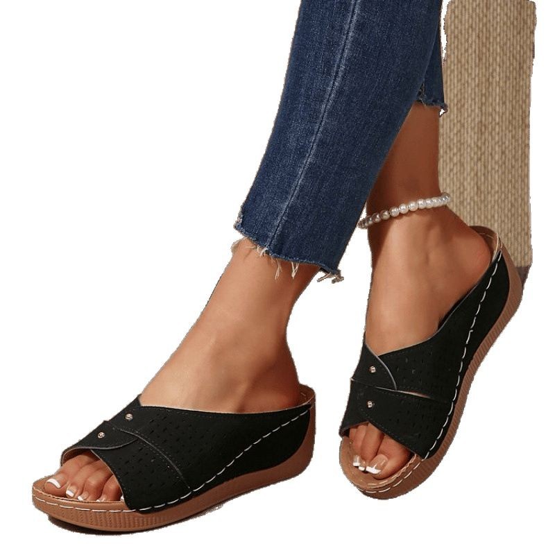 Cross-border European and American large-sized export women's shoes 2025 summer new style European and American cool slippers, wedge heel thick-soled hollowed-out slippers Item Picture