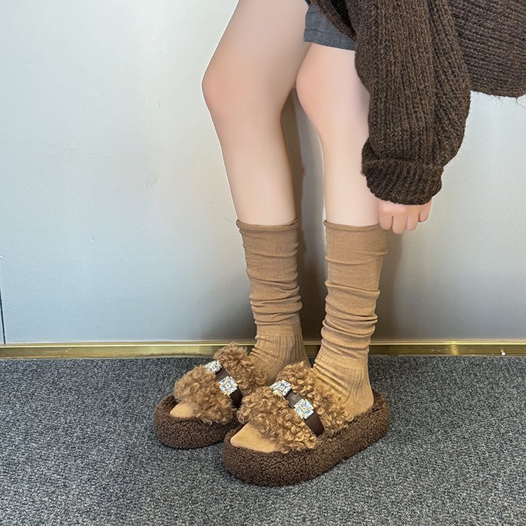 Curly thick-soled woolen slippers for women 2025 autumn/winter new style outdoor Korean-style soft soled one-shoulder cotton slippers Application Scenario