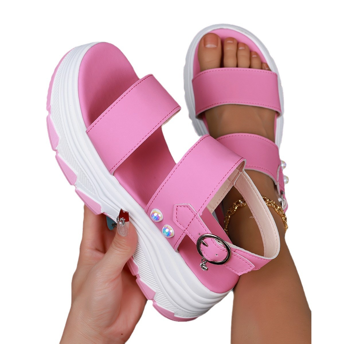 Cross-border 2024 new summer export large-sized fashionable European and American muffin-soled one-shoulder strap thick-soled sports sandals for women Item Picture