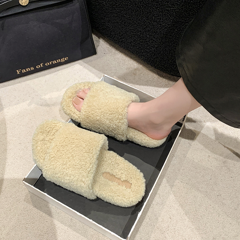 Solid-color simple woolen slippers for women's outerwear 2025 autumn/winter new coral fleece home warmth one-line woolen slippers Specification drawing
