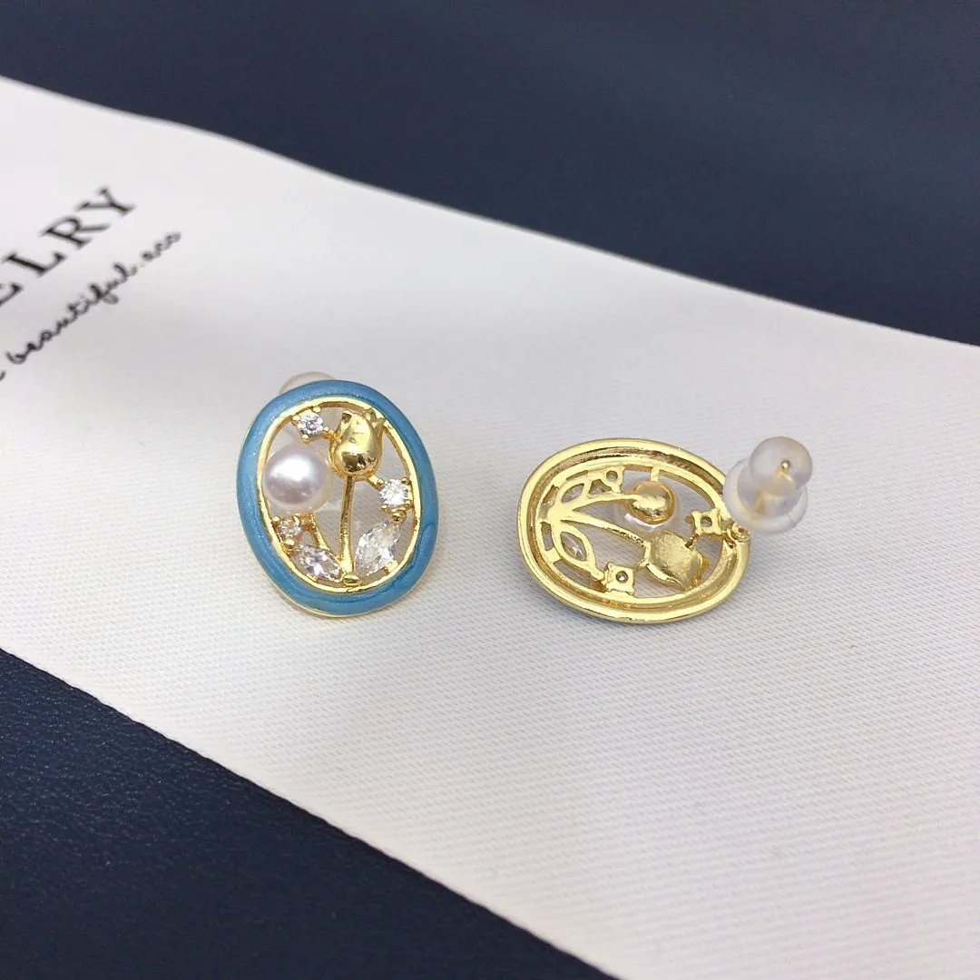 Retro hollowed-out rose geometric blue glazed natural freshwater pearl stud earrings, elegant, exquisite and high-end earrings necklace, pearl necklace jewelry detail image 6