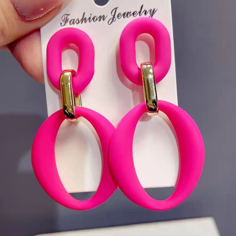 个性夸张几何耳环玫红椭圆形长款耳坠少女玫粉色芭比大圈圈耳环详情图4