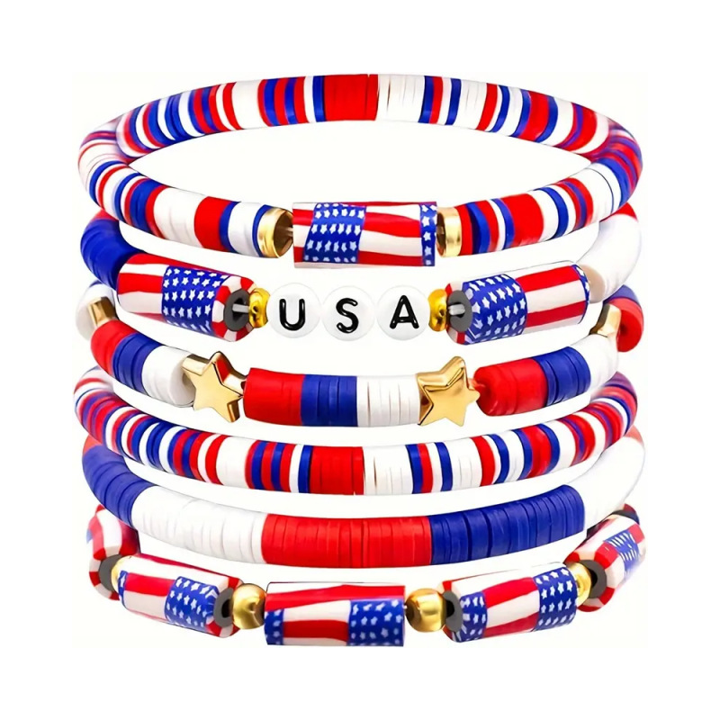 Cross-border bracelet, Independence Day of the United States, soft clay bracelet set, shield, national flag, soft clay beaded letters, elastic bracelet detail image 2