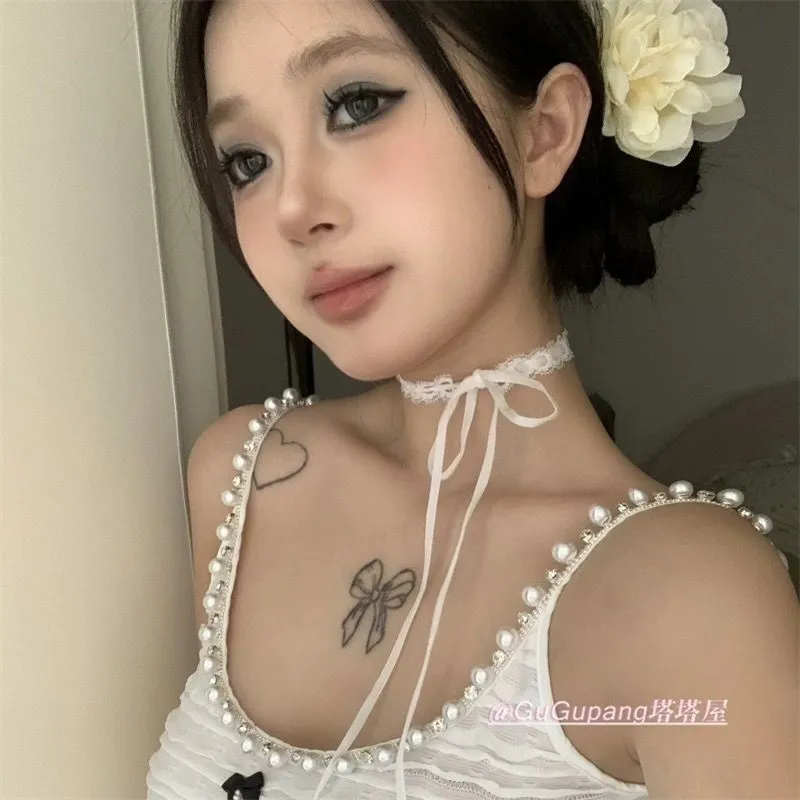 Black and white lolita (Retro girl heart bow lace neck strap, neck ring, black collar Lolita necklace) Black and white Lolita (retro girl heart bow lace neck strap, neck ring, black collar lo detail image 7